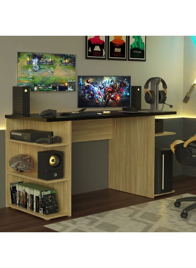 Madesa Gaming Computer Desk and Office Table with 5 Shelves and Cable Management, Wood, 136 W x 75 H x 60 D Cm (Oak) - Image 1