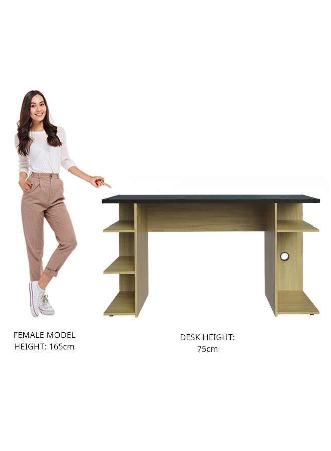 Madesa Gaming Computer Desk and Office Table with 5 Shelves and Cable Management, Wood, 136 W x 75 H x 60 D Cm (Oak) - Image 4