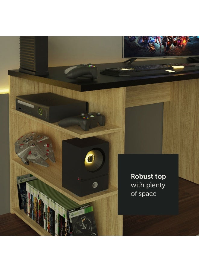 Madesa Gaming Computer Desk and Office Table with 5 Shelves and Cable Management, Wood, 136 W x 75 H x 60 D Cm (Oak) - Image 5