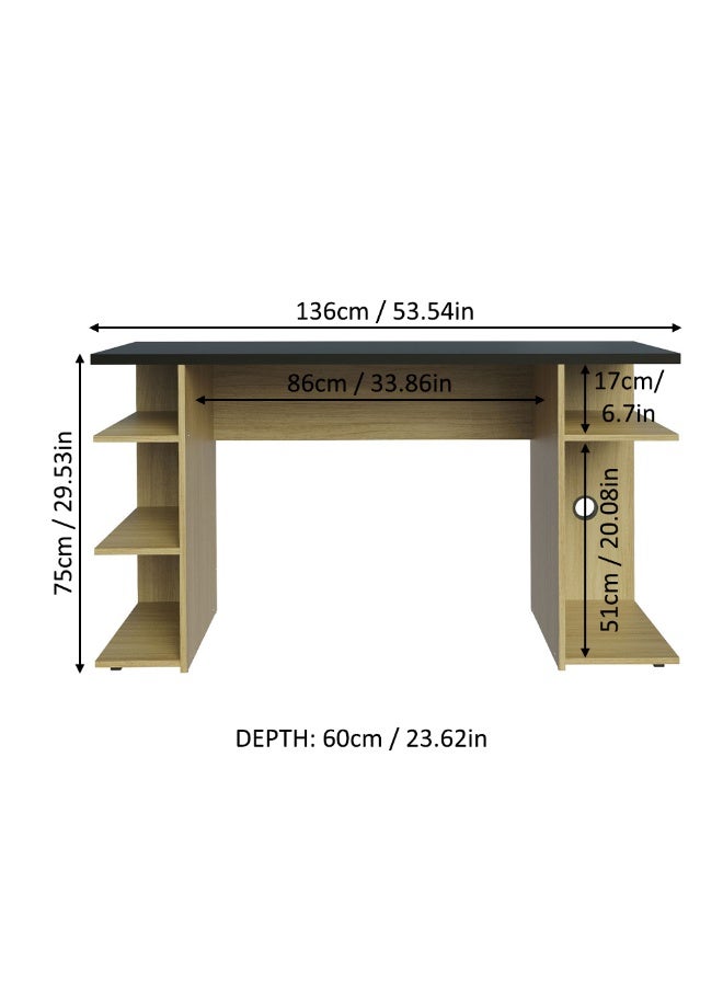 Madesa Gaming Computer Desk and Office Table with 5 Shelves and Cable Management, Wood, 136 W x 75 H x 60 D Cm (Oak) - Image 3