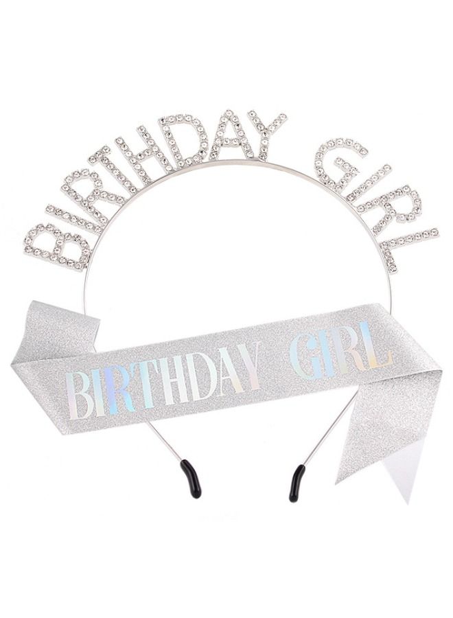 Birthday Crowns for Women, Birthday Girl Sash & Rhinestone Headband Set, Sliver Glitter Birthday Sash Birthday Headband, Sweet Happy Birthday Gifts Party Decorations Hair Accessories - Image 1