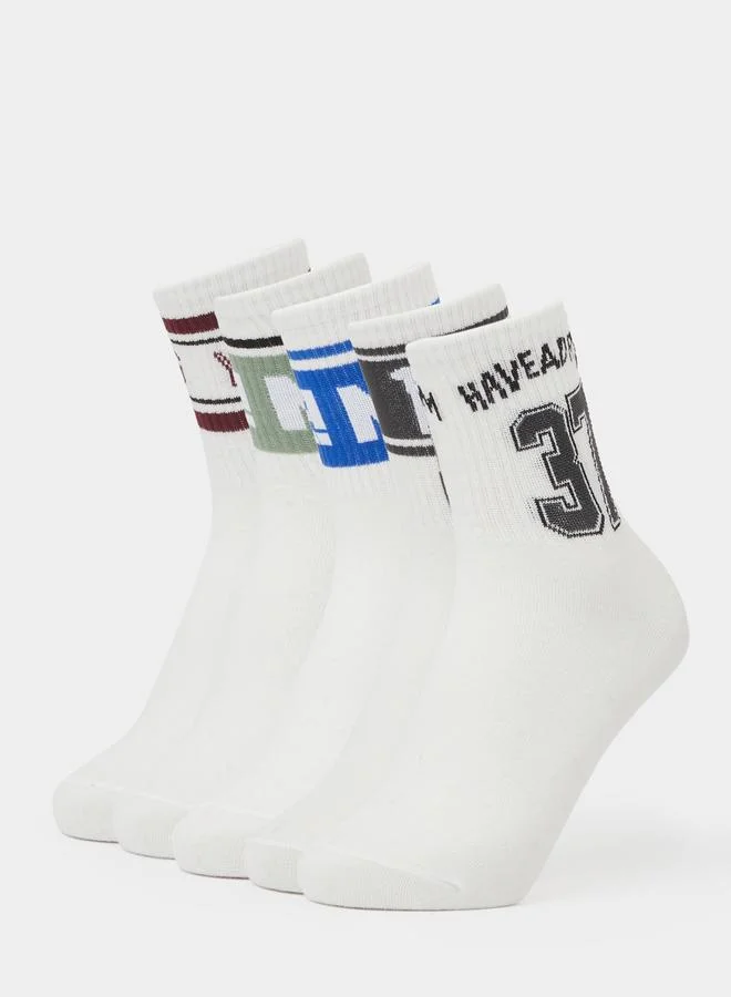 Pack of 5 - White Graphic Print Crew Socks
