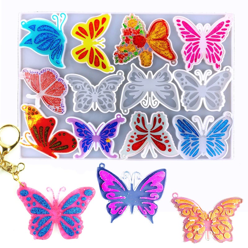 Silicone Resin Butterfly Jewelry Mold for Epoxy  12 Styles DIY Craft Kit Gift for Adults and Kids  Unique Ornament Mold with Hole