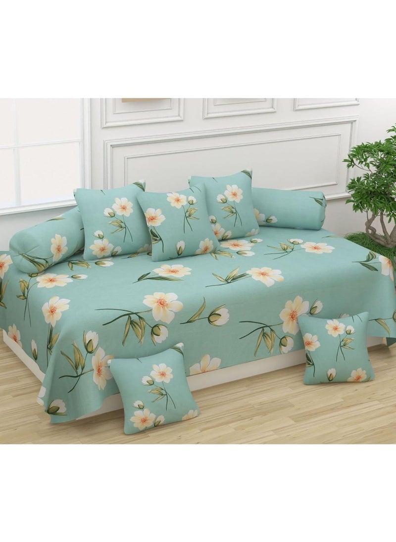 Home Solution Home Solution diwan Set for Living Room diwan Set Covers Glace Cotton diwan Set 8 Pieces 1 Single Bedsheet 5 Cushion Covers 2 Bolster Covers FloralSkyBlueStandardDiwanCoverSet  - Image 1