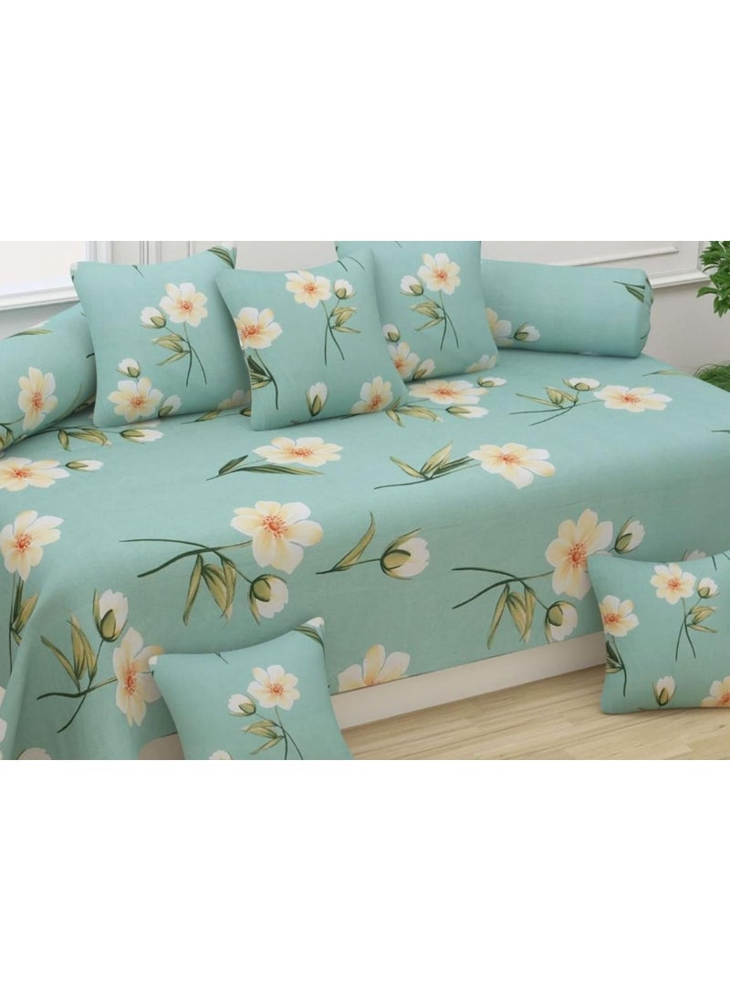 Home Solution Home Solution diwan Set for Living Room diwan Set Covers Glace Cotton diwan Set 8 Pieces 1 Single Bedsheet 5 Cushion Covers 2 Bolster Covers FloralSkyBlueStandardDiwanCoverSet  - Image 2
