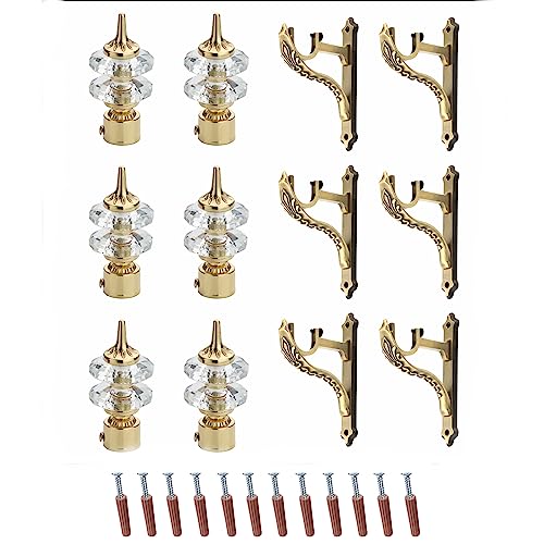 GLOXY ENTERPRISE Aluminium Double Diamond Curtain Brackets Parda Holders with Support Fittings 1 Inch Rod Pocket Finials Designer Door and Window (Golden 3 Pair) - Image 1