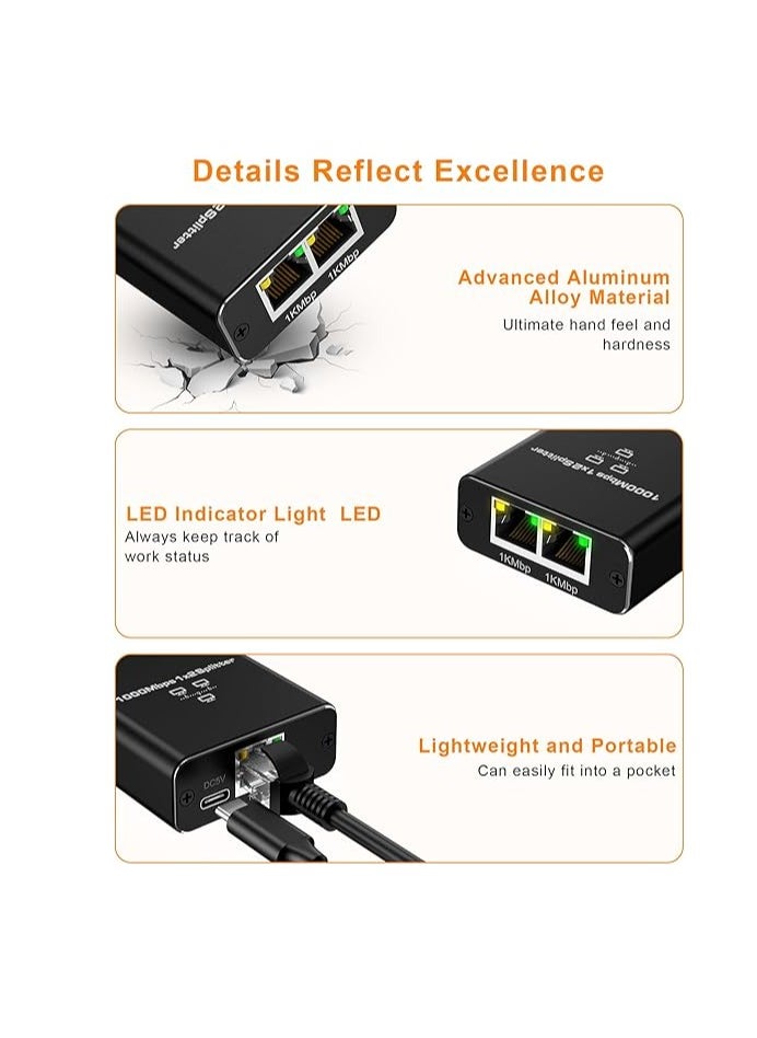 Generic LAN Splitter 1000 Mbps, RENGOGA LAN Splitter 1 to 2 Ethernet Splitter 2 Port, Gigabit RJ45 Switch Ethernet Splitter Internet with Type-C Power Cable for Computer Hub Switch Router Set-Top Box Digital  - Image 2