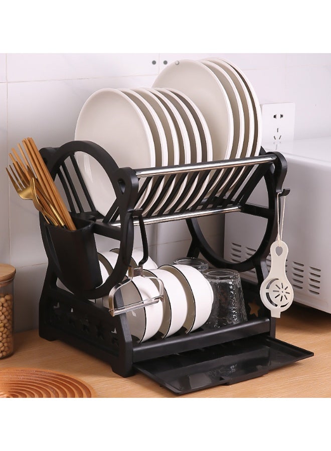 DubaiGallery Modern 2-Tier Dish Rack with Drain Board, Cutlery Holder & Mug Hooks – Compact Kitchen Counter Organizer - Image 1