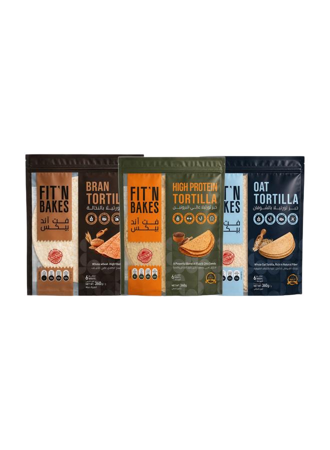 FIT 'N Bakes High Protein Tortilla 360g Bread (High Protein) & FIT 'N Bakes Oat Tortilla Bread 360g (Oat) & FIT 'N Bakes Bran Tortilla 360g Bread (Bran) Bundle - Image 1
