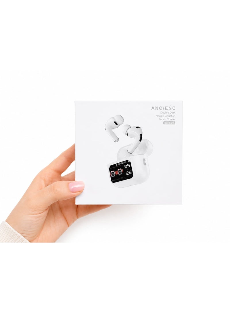 INK Touch-controlled earbuds with a control and display screen, featuring noise cancellation. - Image 1