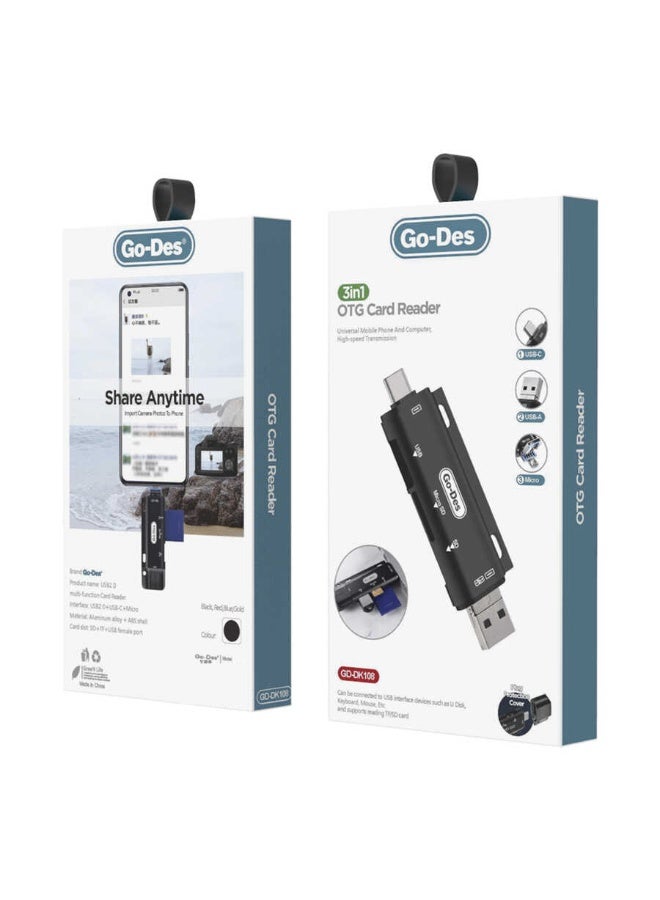 GO-DES Go Des GD-DK108 3 in 1 OTG Memory Card Reader Type-C USB & Micro USB - Image 3