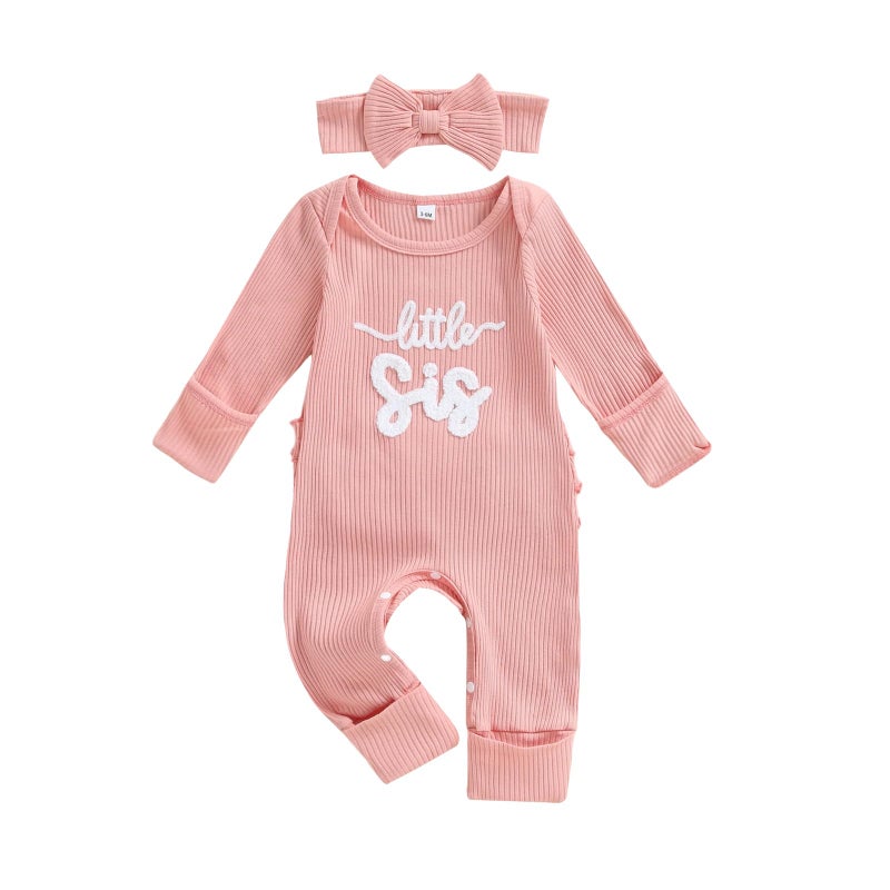 allshope Infant Baby Girl Fall Outfit Sweatshirt Romper Little Sister Lil Sis Long Sleeve Jumpsuit Newborn Clothes (Little Sis Pink, 0-3 Months) - Image 1