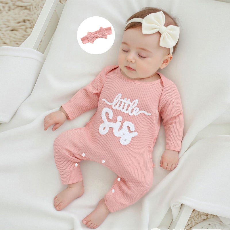 allshope Infant Baby Girl Fall Outfit Sweatshirt Romper Little Sister Lil Sis Long Sleeve Jumpsuit Newborn Clothes (Little Sis Pink, 0-3 Months) - Image 2