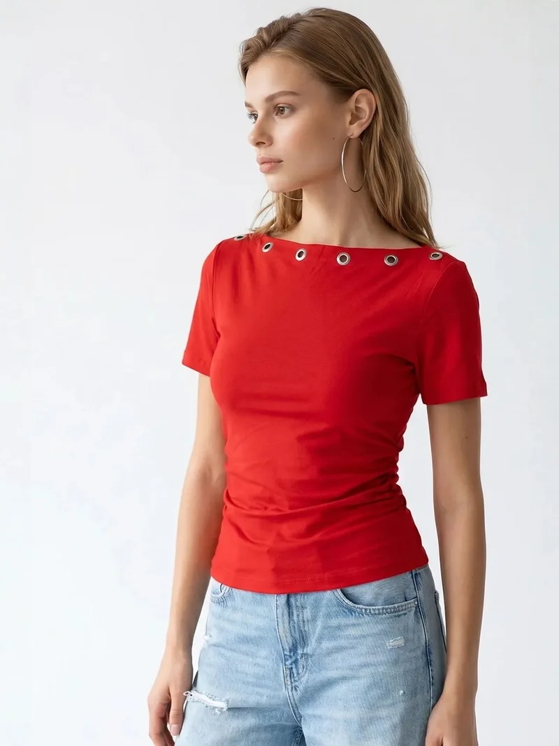 Mixray Red MIXRAY Women's Slim Fit Boat Neck T-Shirt for Women | Best Price UAE