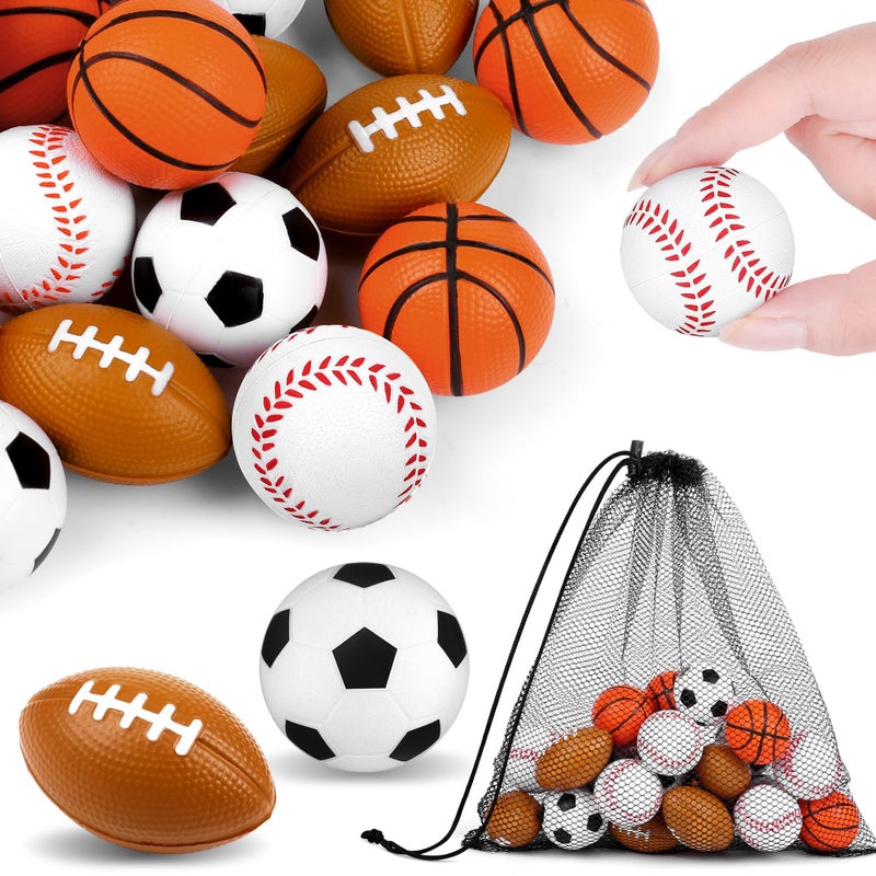 Aodaer 24 Pack Mini Mixed Sports Stress Balls with Drawstring Mesh Bag Fidget Toys for Adults Soft Foam Balls for Sports Party Favor Gifts - Image 3
