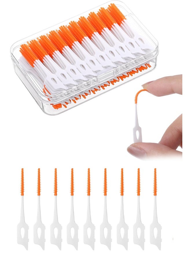 120 قطعة من فرش الأسنان بين الأسنان، فرش أسنان من السيليكون 2 في 1، أعواد خيط الأسنان، أعواد أسنان، أداة تنظيف لتقويم الأسنان وتنظيف الفم (برتقالي) - Image 1