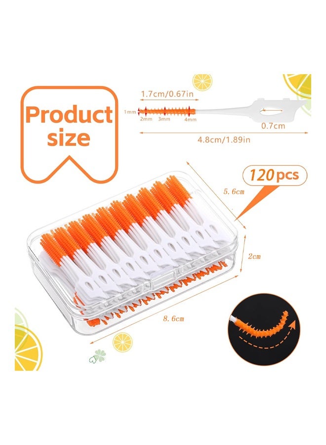 120 قطعة من فرش الأسنان بين الأسنان، فرش أسنان من السيليكون 2 في 1، أعواد خيط الأسنان، أعواد أسنان، أداة تنظيف لتقويم الأسنان وتنظيف الفم (برتقالي) - Image 2