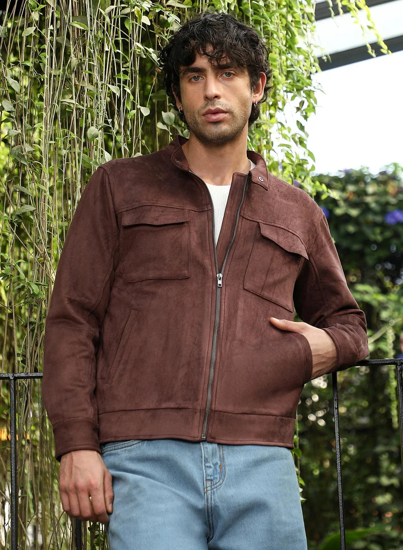 Campus Sutra Men Solid Utility-Suede Rider Jacket | Band Collar, Long Button-Cuff Sleeves | Zipper , Band-Straight Hem | Solid Textured | Woven Fabric For Casual & Daily Wear | Chocolate Brown