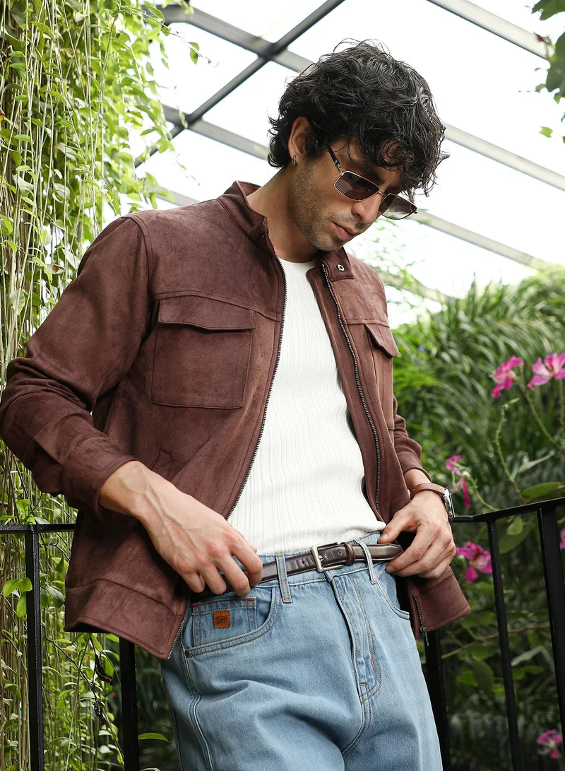 Campus Sutra Men Solid Utility-Suede Rider Jacket | Band Collar, Long Button-Cuff Sleeves | Zipper , Band-Straight Hem | Solid Textured | Woven Fabric For Casual & Daily Wear | Chocolate Brown