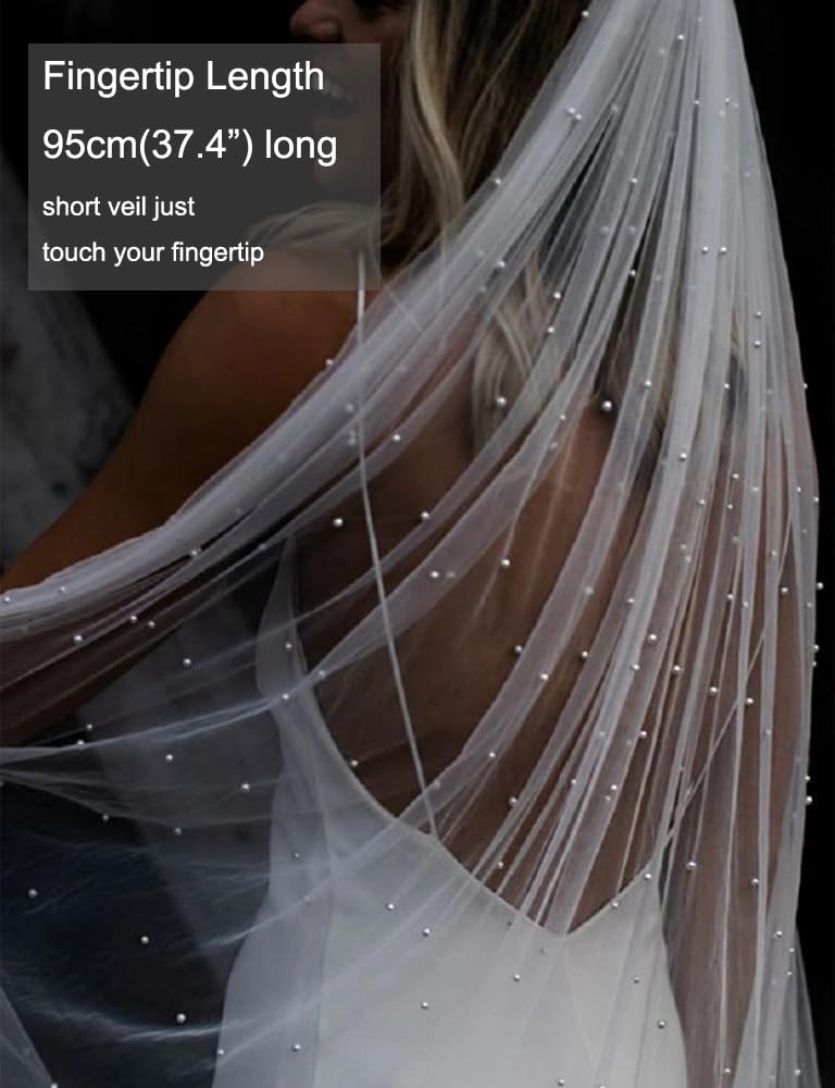 ELAWBTY 1 Tier Pearl Cathedral Length Wedding Bridal Veil With Metal Comb Ivory F55 - Image 2