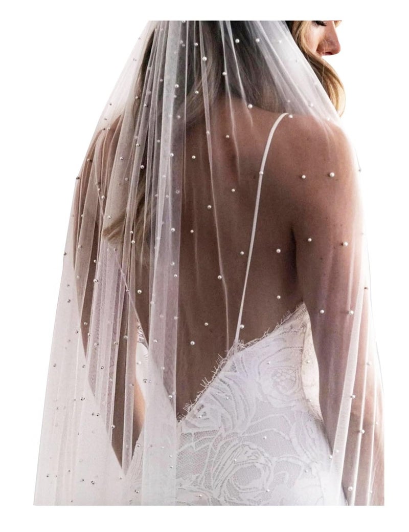 ELAWBTY 1 Tier Pearl Cathedral Length Wedding Bridal Veil With Metal Comb Ivory F55 - Image 1