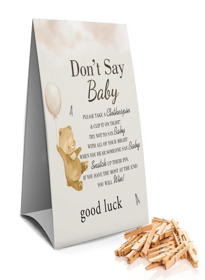 Muruseni Don't Say Baby Clothespin Games Sign(1 Sign + 50 Mini Clothespins), Baby Shower Games, Balloon Bear,Gender Neutral Baby Shower - Image 1