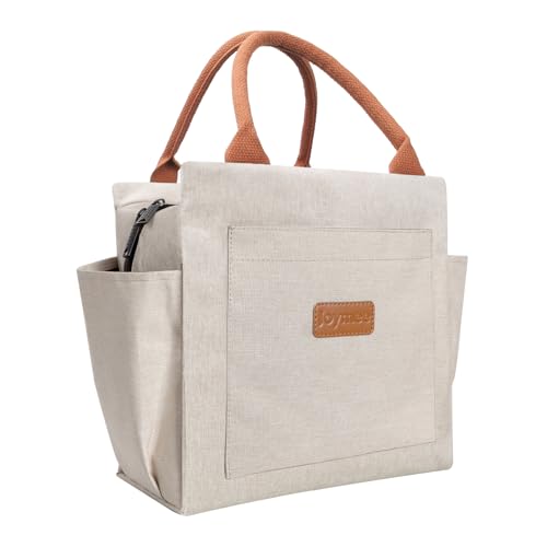 Joymee Lunch Bag Women Insulated Lunch Box Reusable Leakproof Large Spacious Cooler Tote for Women Men Adult with Bottle Holder and Side Pockets for Work Office Travel Picnic - Beige - Image 1