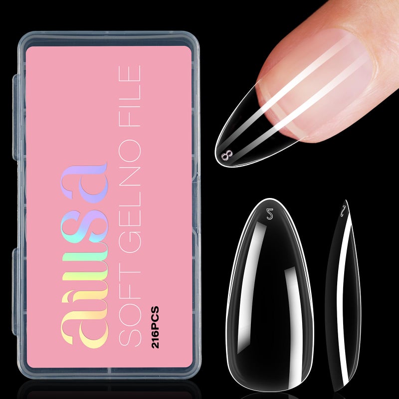 AILLSA Medium Almond Nail Tips Soft Clear Gel Nails Tips Preshaped Full Cover Nails Tip False Gelly Nail Tip for Nails Extension with Storage Box 216pcs 12 Sizes - Image 1