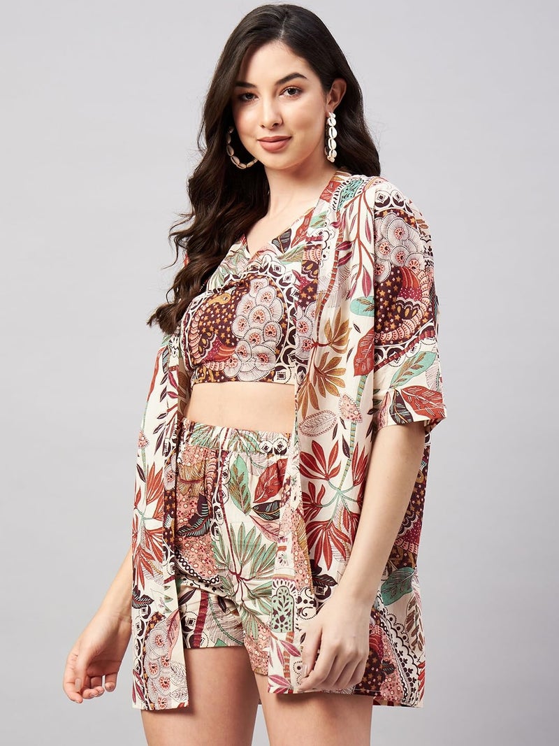 WineRed Cotton Woman Beige 3Pcs Coord Set With Shorts, Floral - Image 3