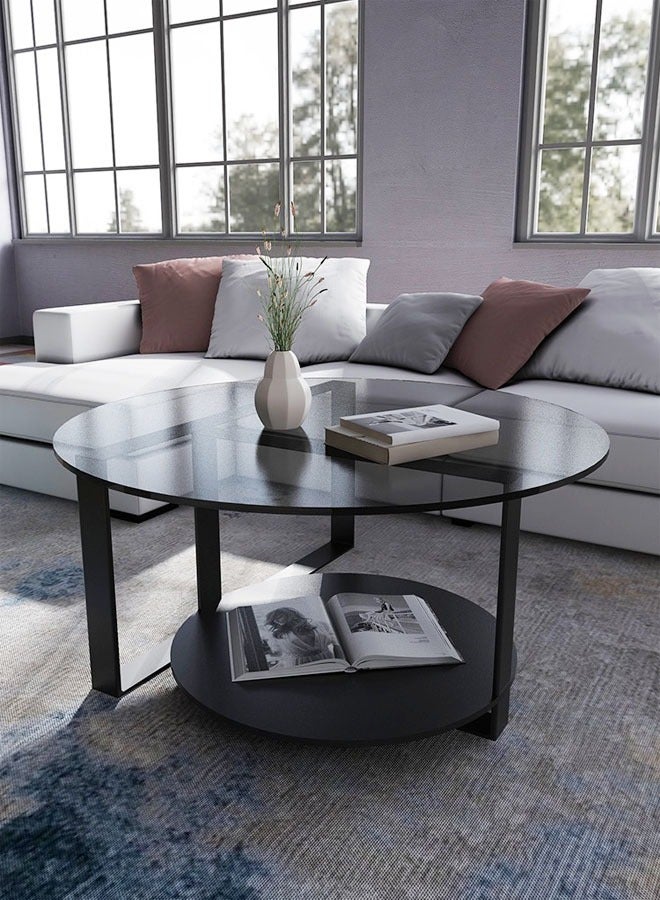 fashionhome طاولة قهوة زجاجية مستديرة لغرفة المعيشة وطاولة الكوكتيل وطاولة أريكة مع سطح من الزجاج المقسى وقاعدة معدنية قوية مقاس 80 × 45 سم - Image 3