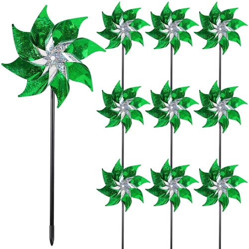 Hausse 10 Pack Reflective Pinwheels Holiday Decor, Extra Sparkly Wind Sculptures for St. Patrick's Day Decorations Party Supplies, Deterrent to Scare Birds Away from Garden Yard Patio Farm, Green - Image 1