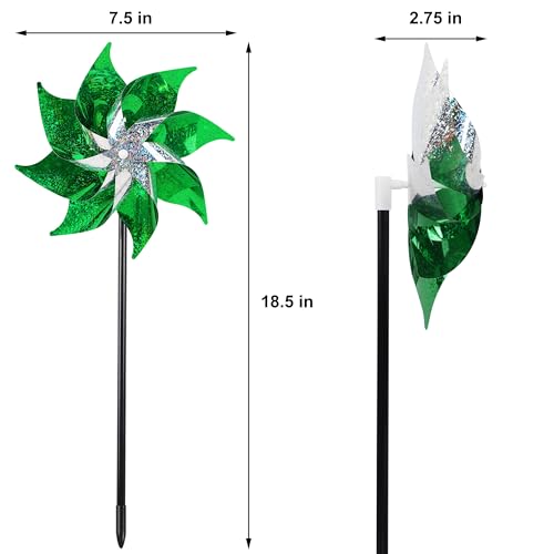 Hausse 10 Pack Reflective Pinwheels Holiday Decor, Extra Sparkly Wind Sculptures for St. Patrick's Day Decorations Party Supplies, Deterrent to Scare Birds Away from Garden Yard Patio Farm, Green - Image 2