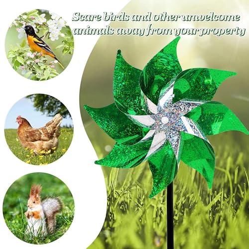 Hausse 10 Pack Reflective Pinwheels Holiday Decor, Extra Sparkly Wind Sculptures for St. Patrick's Day Decorations Party Supplies, Deterrent to Scare Birds Away from Garden Yard Patio Farm, Green - Image 4