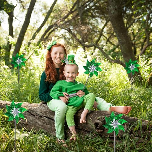 Hausse 10 Pack Reflective Pinwheels Holiday Decor, Extra Sparkly Wind Sculptures for St. Patrick's Day Decorations Party Supplies, Deterrent to Scare Birds Away from Garden Yard Patio Farm, Green - Image 3