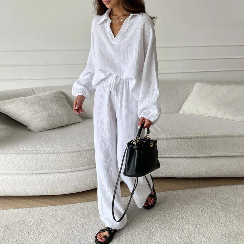 2024 Europe and the United States cross-border Amazon new cotton and linen suit cardigan long sleeve jacket pocket wide leg pants two-piece set Black - Image 3