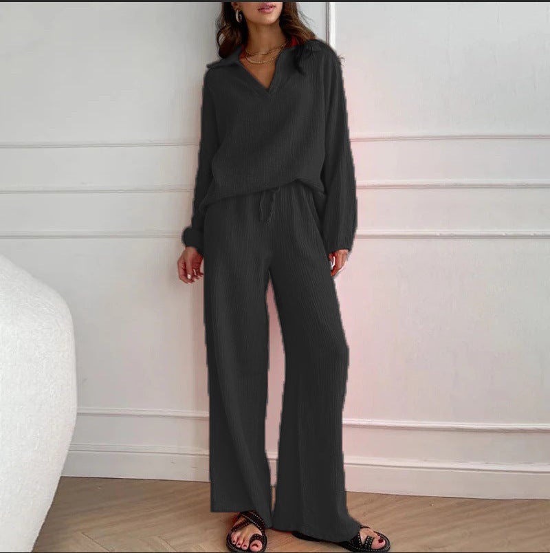 2024 Europe and the United States cross-border Amazon new cotton and linen suit cardigan long sleeve jacket pocket wide leg pants two-piece set Black - Image 2