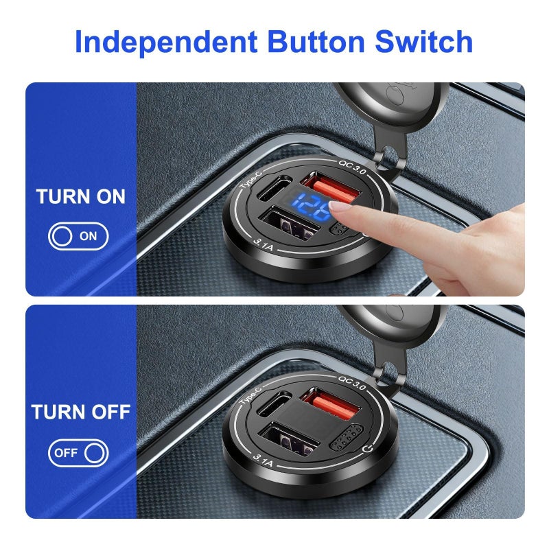 لينك ستايل مقبس شاحن سيارة USB من Linkstyle، منفذ QC وPD 3.0 مزدوج لشاحن السيارة مع الفولتميتر LED ومفتاح للدراجات النارية البحرية 12 فولت 24 فولت RV، قطعتان - Image 4