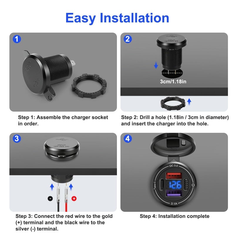 لينك ستايل مقبس شاحن سيارة USB من Linkstyle، منفذ QC وPD 3.0 مزدوج لشاحن السيارة مع الفولتميتر LED ومفتاح للدراجات النارية البحرية 12 فولت 24 فولت RV، قطعتان - Image 5