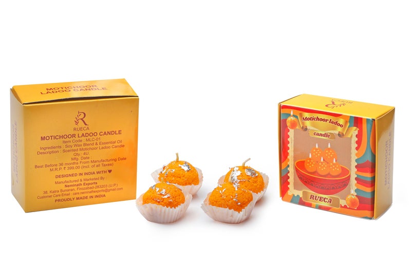 RUECA Motichoor Ladoo Candles for Diwali Gifting | Natural Soy Wax Scented Laddoo Candle for Home and Pooja Decoration Pack of 4 | Festival Gift Pack. - Image 4