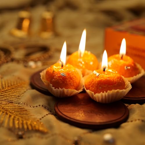 RUECA Motichoor Ladoo Candles for Diwali Gifting | Natural Soy Wax Scented Laddoo Candle for Home and Pooja Decoration Pack of 4 | Festival Gift Pack. - Image 1