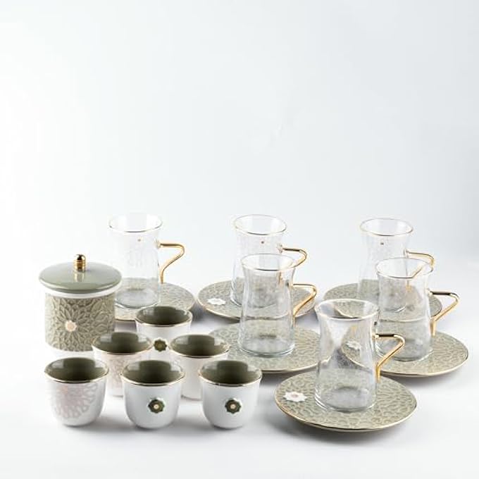 rayihni Asalah Arabic Tea Glass And Coffee Sets 19Pieces Olive GreenGold - Image 3