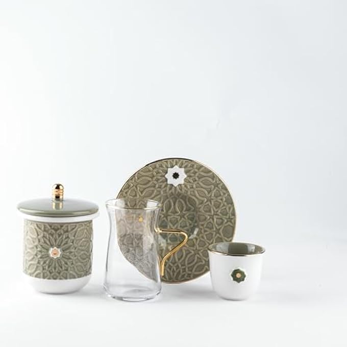 rayihni Asalah Arabic Tea Glass And Coffee Sets 19Pieces Olive GreenGold - Image 4