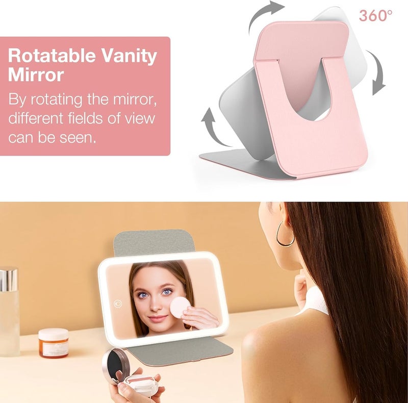 Kintion Travel Makeup Mirror, Portable LED Lighted Makeup Mirror, 360° Rotation Touch Screen, 3-Color Dimmable Lighting, Rechargeable Tabletop Folding Vanity Mirror, Pink Local market compliant trusted quality - Image 2
