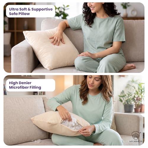 MY ARMOR Microfibre Cushion for Sofa | Set of 5 Soft & Fluffy Square Sofa Cushions | Decorative Sofa Pillows for Bed, Chair, Car & Living Room | Velvet Cover | Cream | 16 x 16 Inch - Image 4