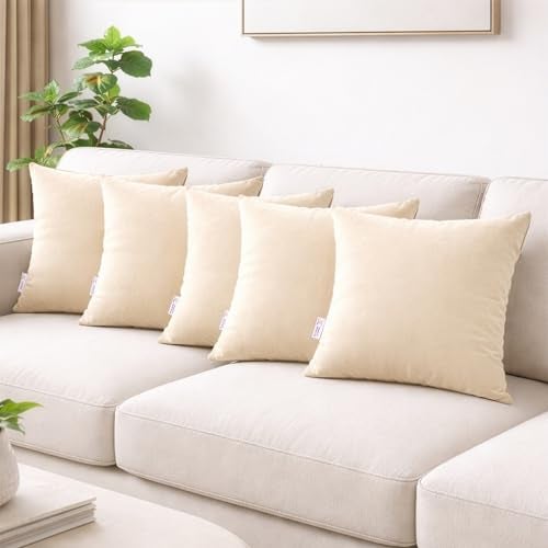 MY ARMOR Microfibre Cushion for Sofa | Set of 5 Soft & Fluffy Square Sofa Cushions | Decorative Sofa Pillows for Bed, Chair, Car & Living Room | Velvet Cover | Cream | 16 x 16 Inch - Image 1