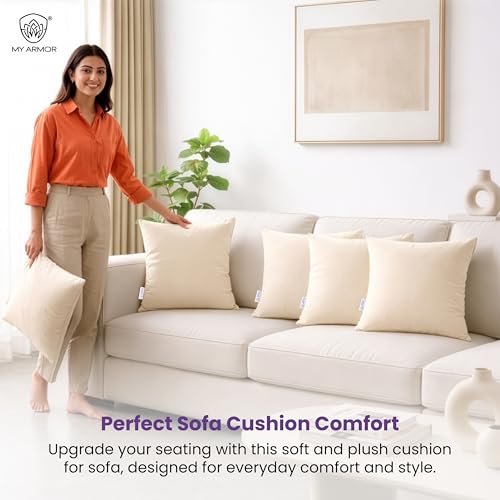 MY ARMOR Microfibre Cushion for Sofa | Set of 5 Soft & Fluffy Square Sofa Cushions | Decorative Sofa Pillows for Bed, Chair, Car & Living Room | Velvet Cover | Cream | 16 x 16 Inch - Image 2