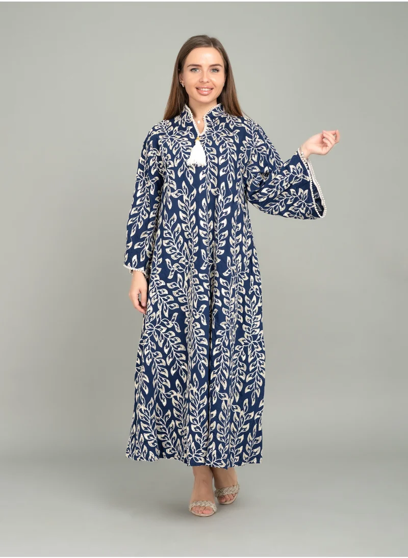 IKKXA Embroidered Leaf Elegance Jalabiya CJ1047 Blue
