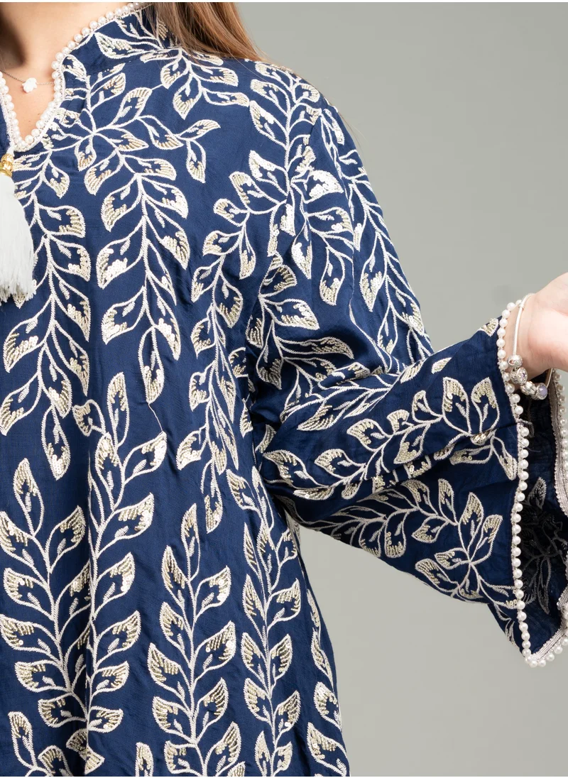 IKKXA Embroidered Leaf Elegance Jalabiya CJ1047 Blue
