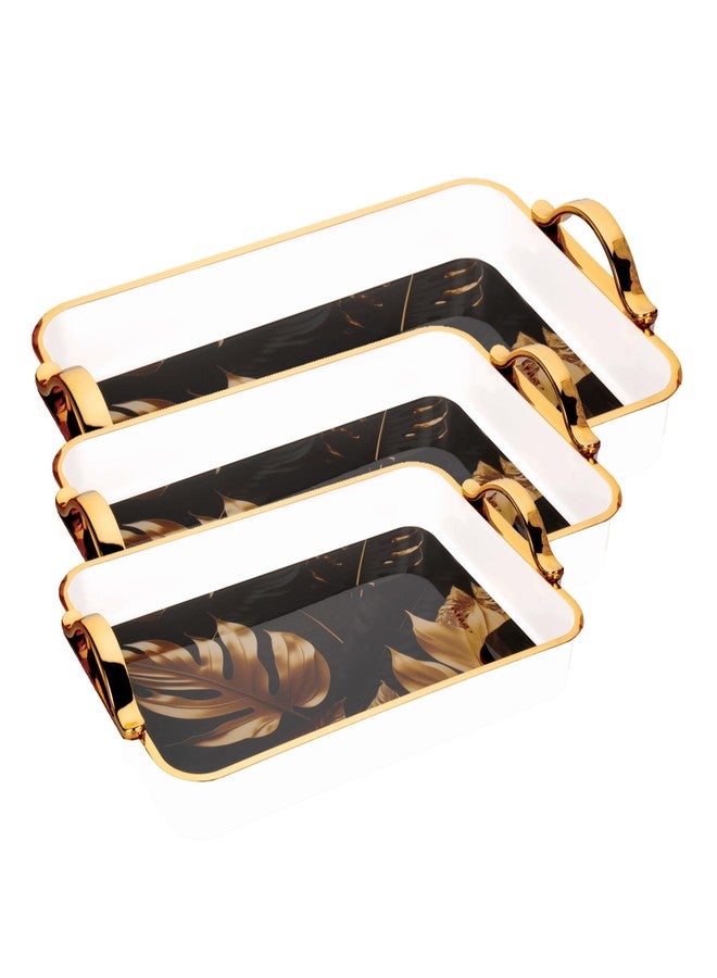 Nabhya Flower Printed Serving Tray Plastic Material BPA Free Tray with Handle for Tea,Coffee,Snack,Kitchen & Dining Table Home Décor (White & Gold, Small, Med & Big - Pack of 3) - Image 1