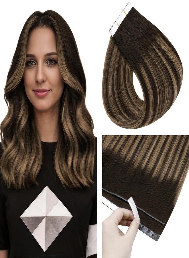 Full Shine Invisible Tape in Hair Extensions Human Hair, 2/8/2 Dark Brown with Honey Brown Highlights, Wide Weft Tape in Extensions Silky Straight Brazilian Extension 24 Inch 50g 1pcs Natural Look - Image 1